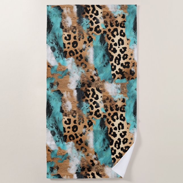 Turquoise Gold Black Leopard Beach Towel (Front)