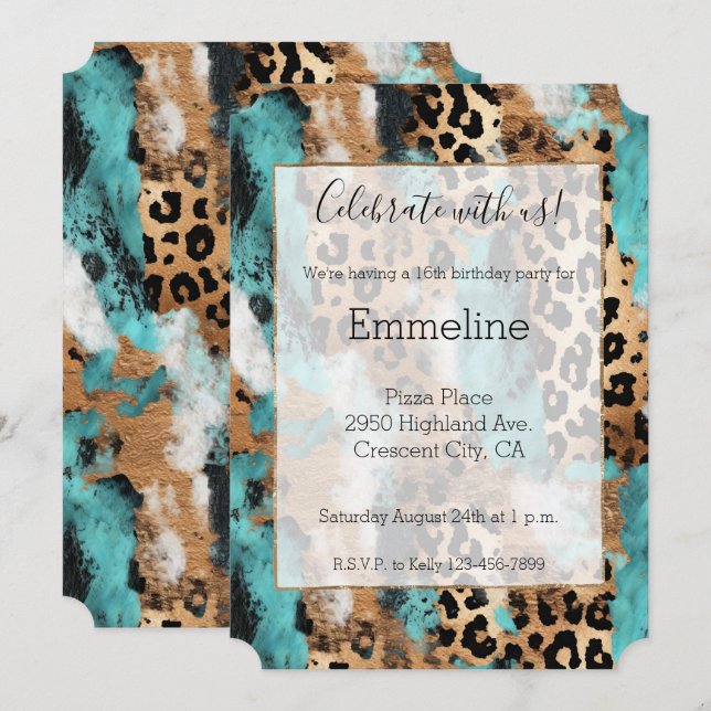Turquoise Gold Black Leopard Invitation (Front/Back)