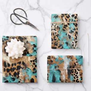 Turquoise Gold Black Leopard Wrapping Paper Sheet