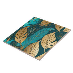 Turquoise Gold Boho Leaves Modern Collection Tile