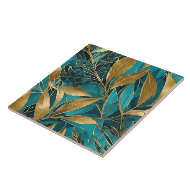 Turquoise Gold Boho Leaves Trendy Collection Tile (Side)