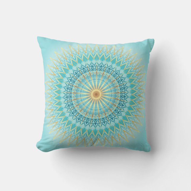 Turquoise Gold Boho Mandala Christmas Cushion (Front)
