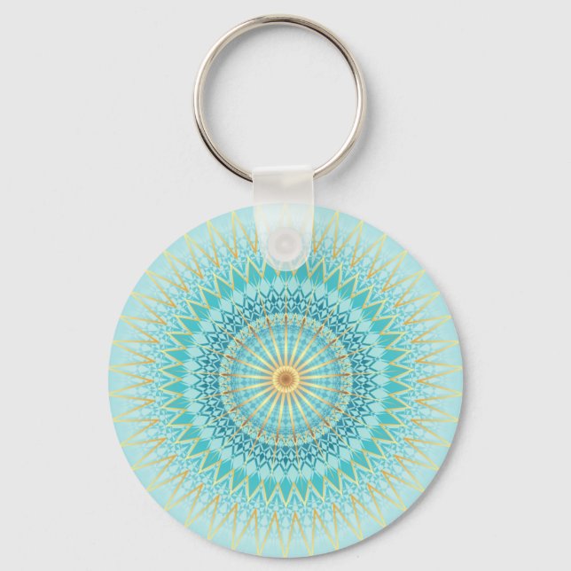Turquoise Gold Boho Mandala Key Ring (Front)