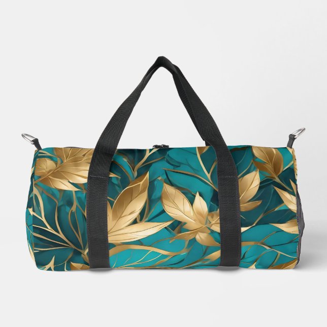Turquoise Gold Boho Popular Leaves Collection Duffle Bag (Front)