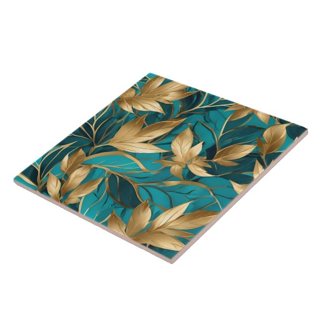 Turquoise Gold Boho Popular Leaves Collection Tile (Side)