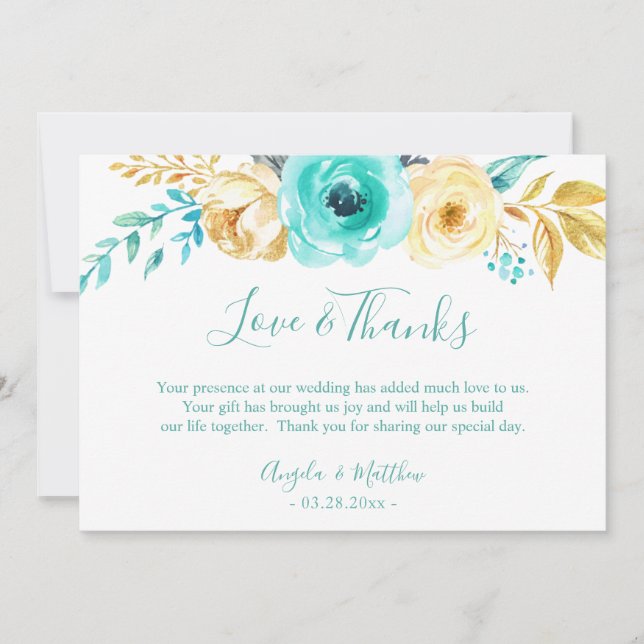 Turquoise Gold Botanical Floral Wedding Thank You (Front)