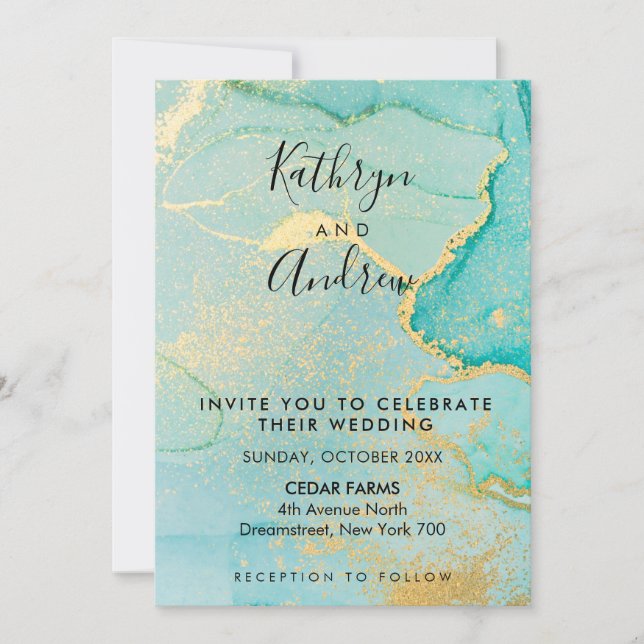 Turquoise Gold Calligraphy Invitation (Front)