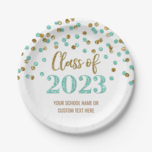 Turquoise Gold Confetti Graduation 2023 Paper Plate