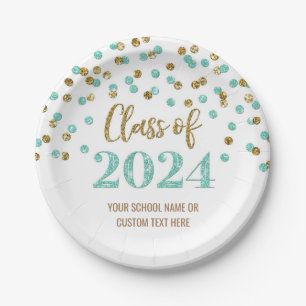 Turquoise Gold Confetti Graduation 2024 Paper Plate