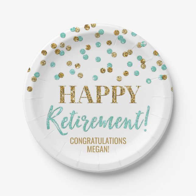 Turquoise Gold Confetti Happy Retirement Paper Plate (Front)