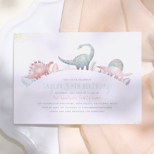 Turquoise & Gold Cute Girl Dinosaur Birthday Party Invitation