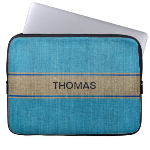 Turquoise Gold Denim Jeans Fabric Custom Name Laptop Sleeve