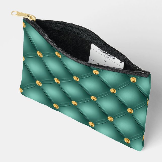 Turquoise Gold Diamond Tufted Accessory Pouch (Open)
