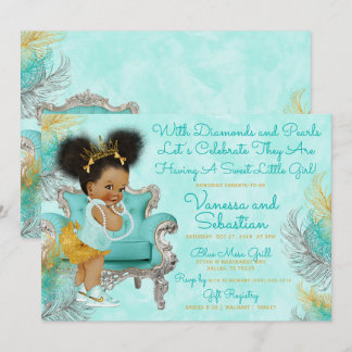 Turquoise Gold Feather Baby Shower Invitation