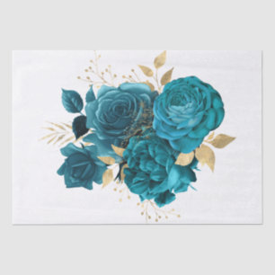 Turquoise Gold Floral Bouquet Watercolor Decoupage Tissue Paper