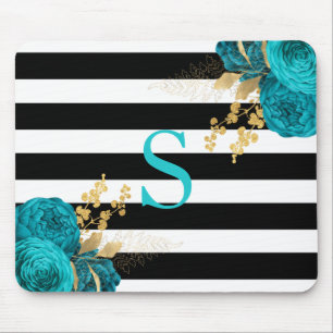 Turquoise Gold Floral Monogram Black White Stripes Mouse Pad