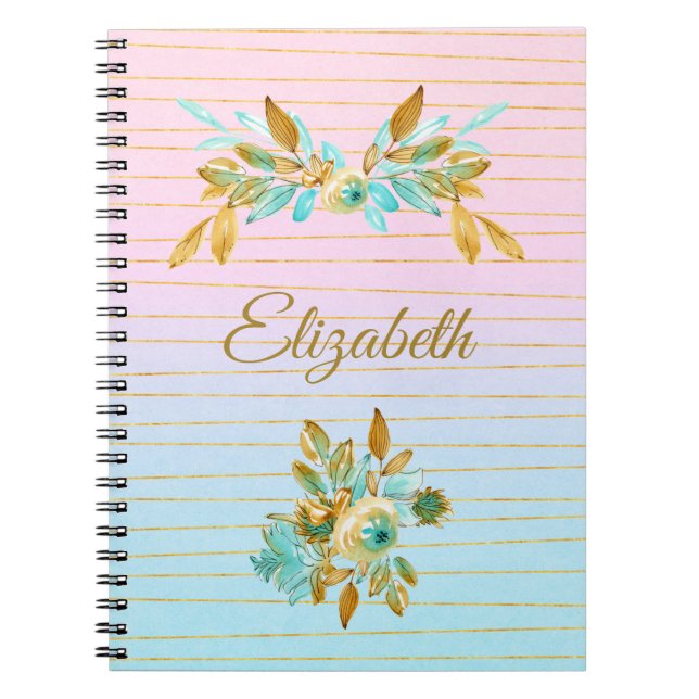 Turquoise & Gold Floral Personalized Notebook (Front)