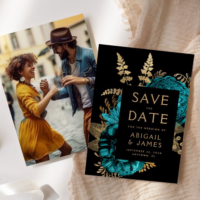 Turquoise Gold Floral Photo Wedding Save the Date Invitation (Creator Uploaded)