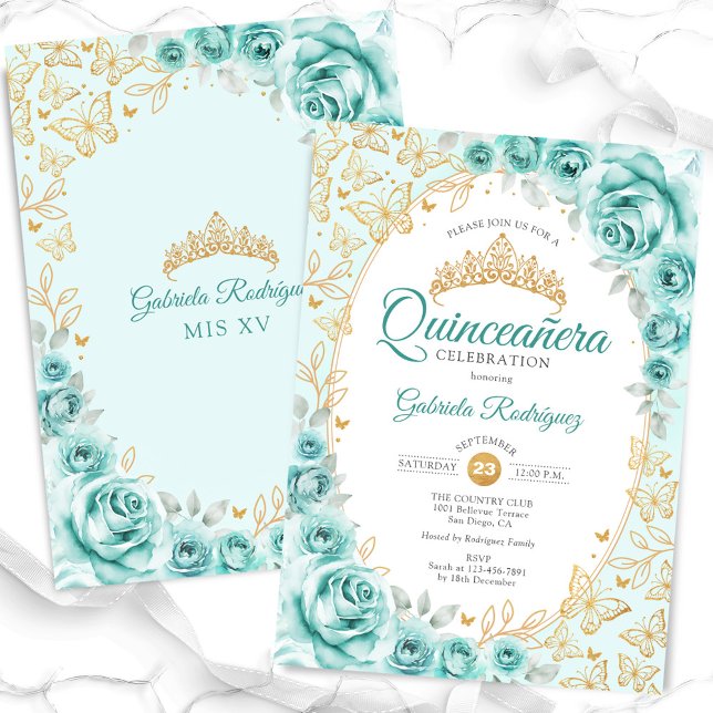 Turquoise Gold Floral Quinceanera Invitation (Creator Uploaded)