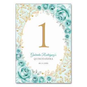 Turquoise Gold Floral Quinceanera Table Number