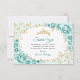 Turquoise Gold Floral Quinceanera Thank You Card