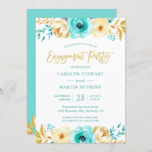 Turquoise Gold Floral Romance Engagement Party Invitation