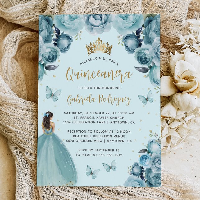 Turquoise Gold Floral Watercolor Quinceañera Invitation (Creator Uploaded)