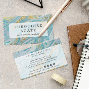 Turquoise & Gold Geode Marble Swirl Social Media Business Card