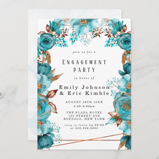Turquoise Gold Geometric Floral Engagement Party Invitation (Front/Back)
