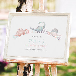 Turquoise & Gold Girl Dinosaur Birthday Party Poster