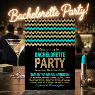 Turquoise, Gold Glitter Chevron Bachelorette Party Invitation
