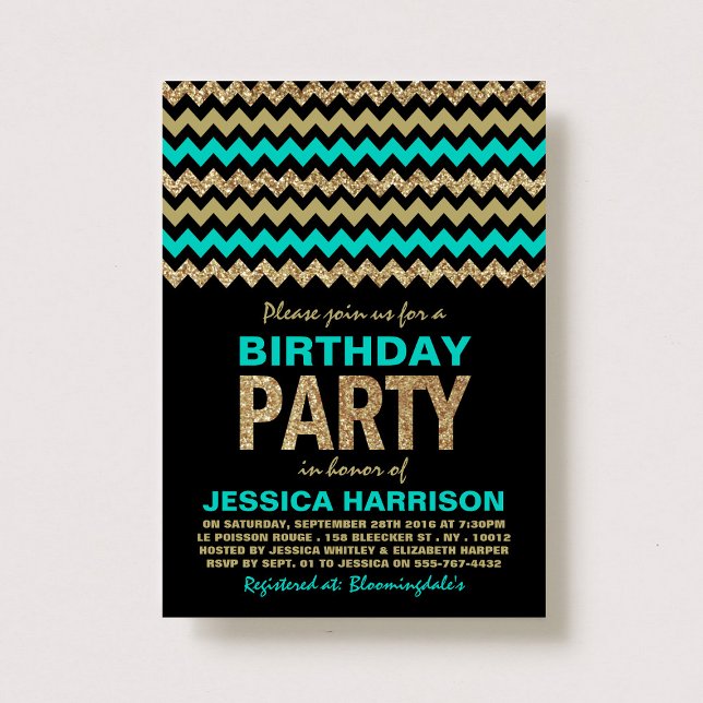 Turquoise & Gold Glitter Chevron Birthday Party Invitation (Creator Uploaded)