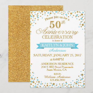 Turquoise Gold Glitter Dots 50th Anniversary Invitation