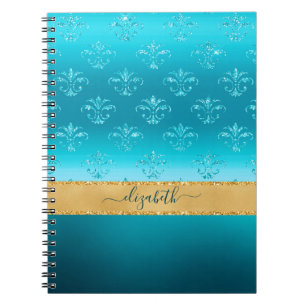 Turquoise Gold Glitter Elegant Glam Personalised Notebook