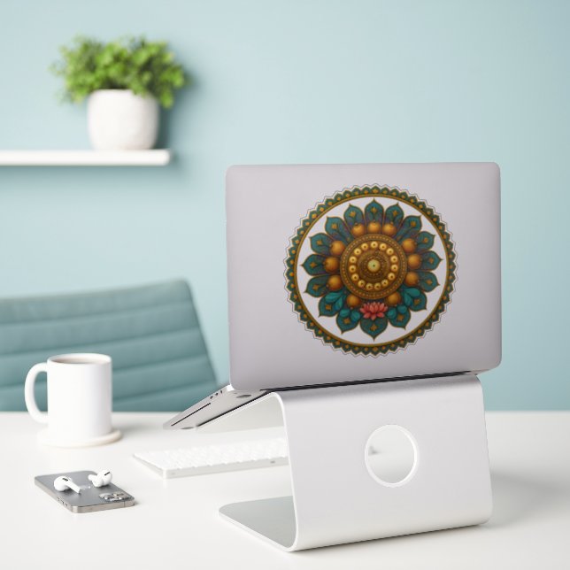 Turquoise Gold Lotus Mandala - Fantasy Graphic Art (Laptop On Desk)
