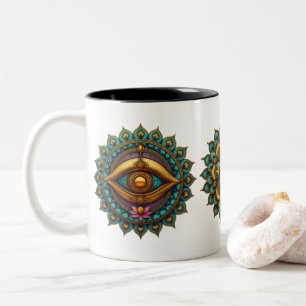 Turquoise Gold Lotus Mandala - Fantasy Graphic Art Two-Tone Coffee Mug