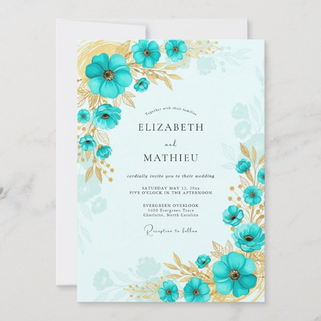 Turquoise Gold Lustrous Coastal Wedding Invitation (Front)