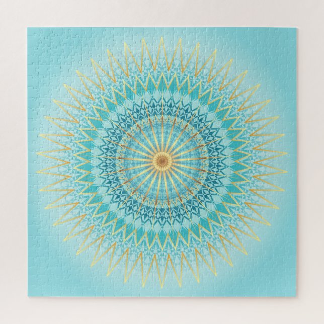 Turquoise Gold Mandala Geometric Pattern Jigsaw Puzzle (Vertical)