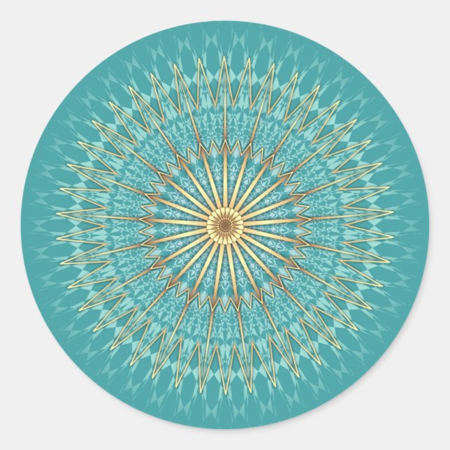 Turquoise Gold Mandala Pattern Classic Round Sticker (Front)