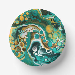Turquoise, Gold, Marble Fluid Art Paper Plate