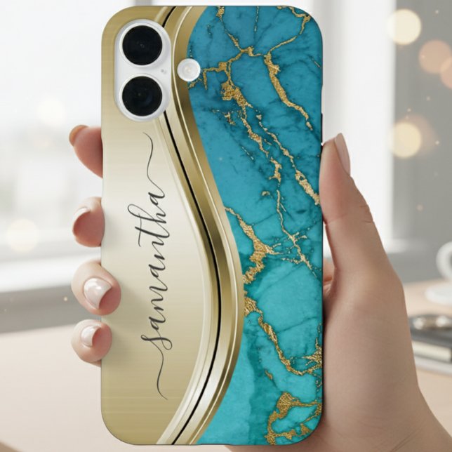 Turquoise Gold Marble Stone Handwritten Name Case-Mate iPhone Case (Creator Uploaded)