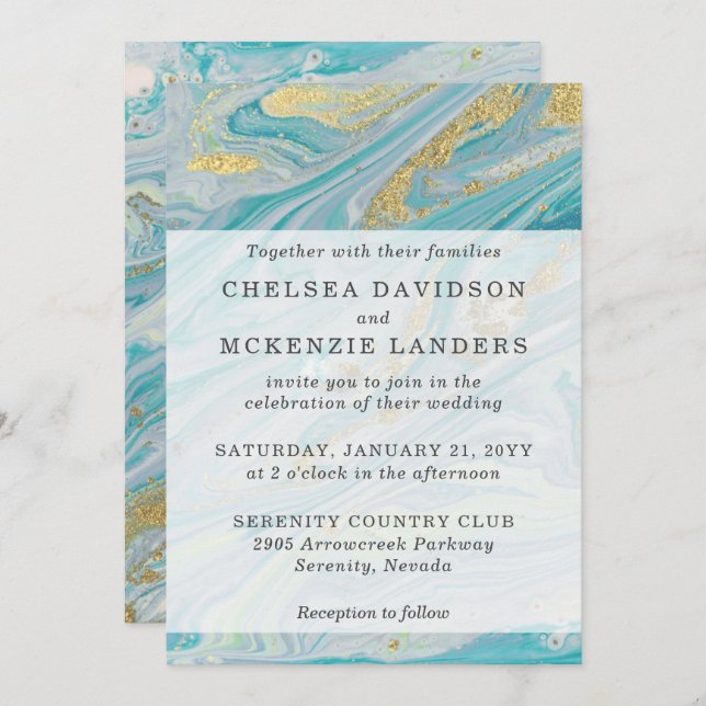 Turquoise & Gold Marble Swirl Agate Geode Wedding Invitation (Front/Back)