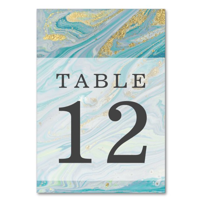 Turquoise & Gold Marble Swirl Agate Geode Wedding Table Number (Front)