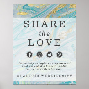 Turquoise & Gold Marble Wedding Hashtag Photo Sign
