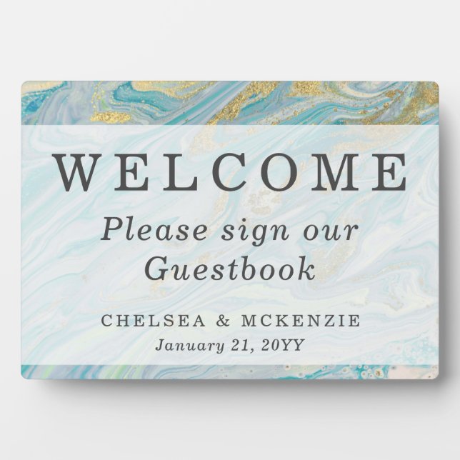 Turquoise & Gold Marble  Welcome Wedding Guestbook Plaque (Front)