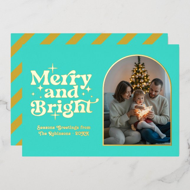 Turquoise & Gold Modern Retro Christmas Photo (Front/Back)