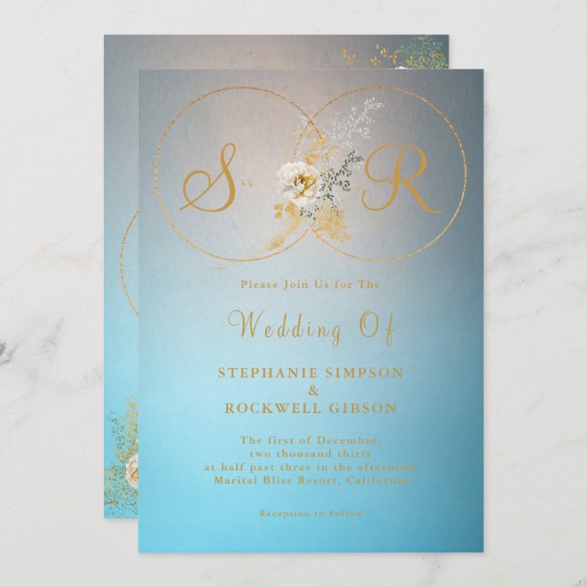 Turquoise Gold Monogram Wedding Invitation (Front/Back)