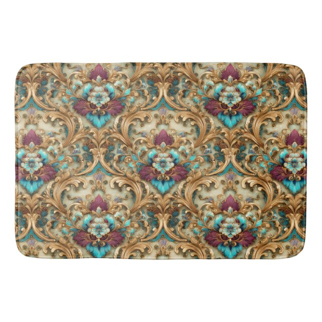 Turquoise & Gold Ornate Damask Bath Mat (Front)