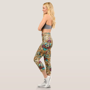 Turquoise & Gold Ornate Damask Capri Leggings