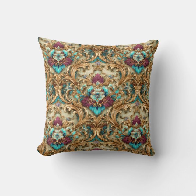 Turquoise & Gold Ornate Damask Cushion (Front)